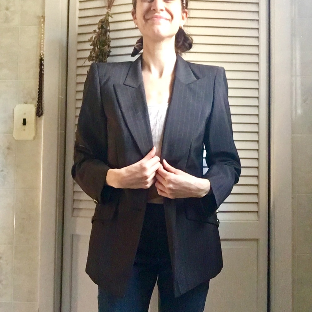 {Escada} Wool & Mohair Dark Grey Pinstripe Blazer